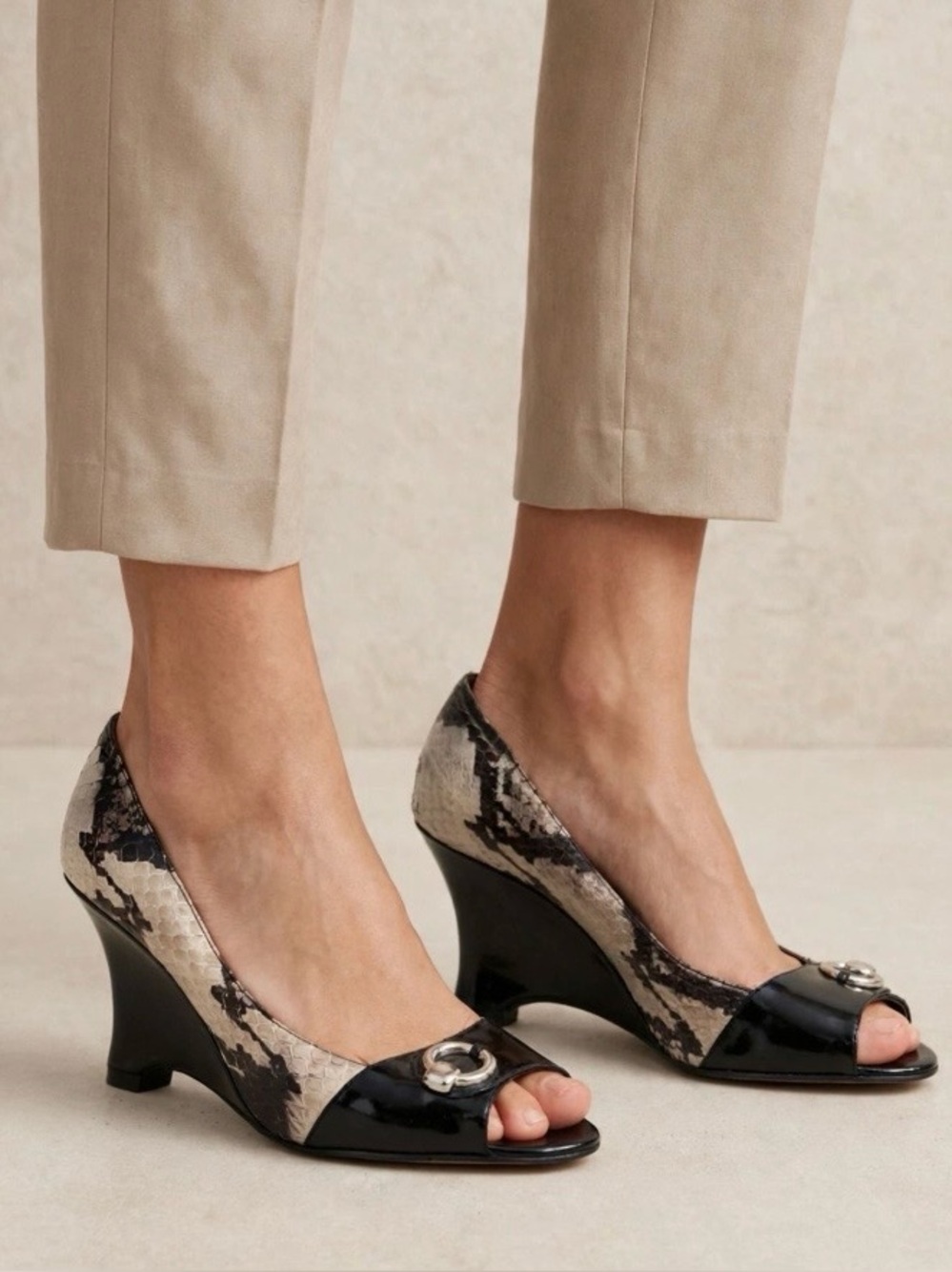 Carlos Falchi Wedge Snakeskin Peep Toe Heels